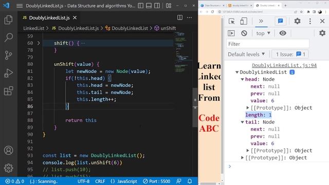 Data Structure and Algorithms #58 Doubly linked list in Javascript Bangla unShift Method solution