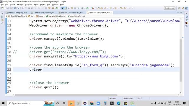Bing Search operation using XPath | WebDriver Tutorial in Telugu