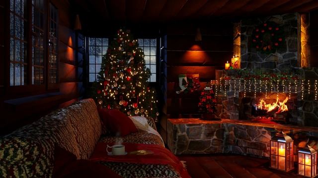 Cozy Christmas Log Cabin  Ambience - Relaxing Fireplace and Blizzard Sound for deep sleep