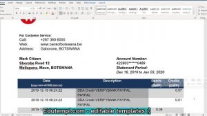 Botswana Bank Gaborone proof of address banking statement template in Word and PDF format