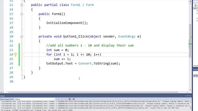 Sum of Numbers 1 through 10 - C# Programming