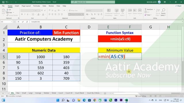 ?️ Min Max Functions in MS Excel | Learn MS Excel with Aatir Academy 2022