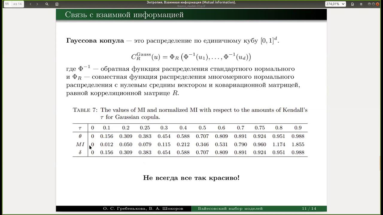 Доклад: Взаимная информация и ее связь с линейной и ранговой корреляцией