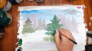 Как нарисовать зимний лес. Как нарисовать елку легко. Как нарисовать зимний пейзаж. Зима гуашью.