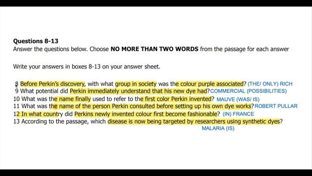 William Henry Perkin academic reading answers discussion in with locations.