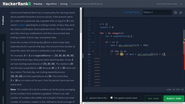 162 - Fraudulent Activity Notifications | Sorting | Hackerrank Solution | Python