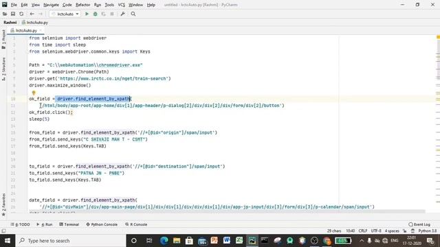 IRCTC Ticket booking Automation | Participant's Project | Rashmi Singh D7B