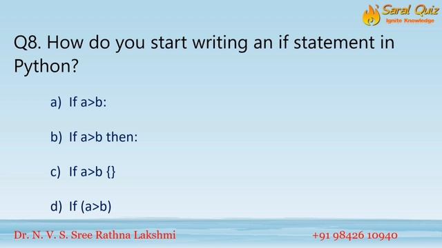 SaralQuiz Tech Quick Quiz Series - Python Quiz -01 - Dr.Sree Rathna Lakshmi