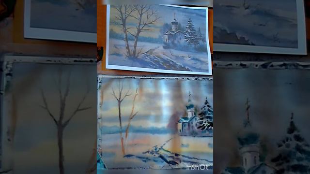 Урок рисования 8. Как нарисовать зимний пейзаж и церковь