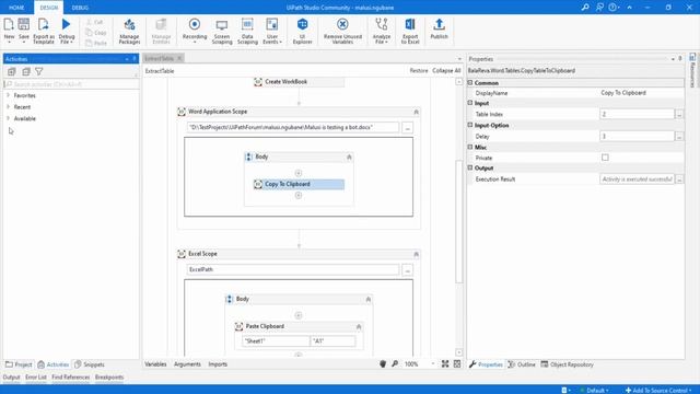UiPath copy word table and paste into an excel file