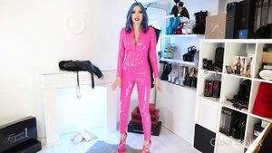 Celene Nox - Quick TryOn & Styling_ Pink PVC Catsuit with corset and leather jacket