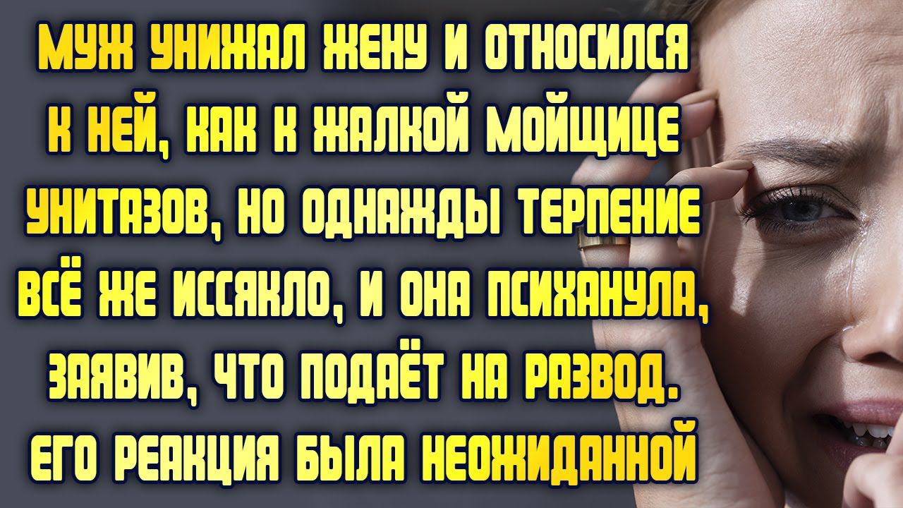 Муж унижал жену и относился, как к жалкой уборщице. Однажды она заявила, что подаёт на развод, а муж
