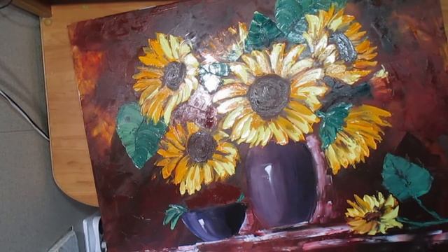 Подсолнухи нарисовать масляными красками мастихином. смотреть онлайн