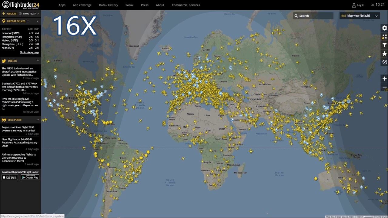Карта полетов самолетов мира в реальном времени