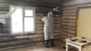 Шлифую брёвна внутри дома