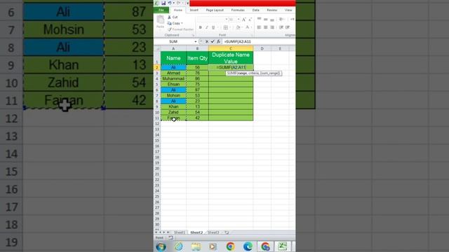 Calculate Sum Duplicate Name Value in Excel