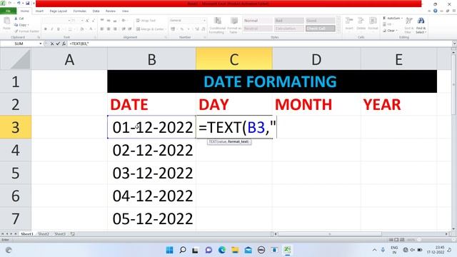 Microsoft Excel Date Format Text formula Day month full name @scccad #microsoftexcel