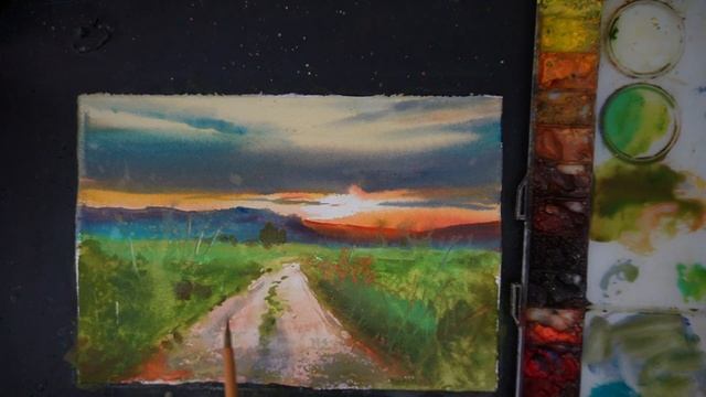Watercolor painting landscape - Sunset Scene смотреть онлайн