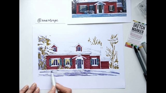 Рисуем зимний домик маркерами SKETCHMARKER
