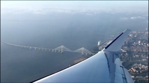 Take Off at Lisbon And Fly Over Shore and Vasco Da Gama Bridge View. Bombardier Global Express.