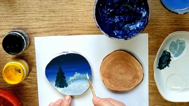 Ёлка Пейзаж Как нарисовать пейзаж гуашью просто на спилах / на ёлочных игрушках /