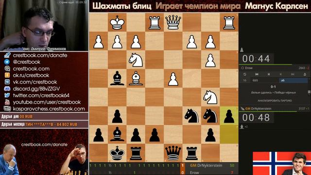 Играет чемпион мира Магнус Карлсен! 🎤 Дмитрий Филимонов ♕ Шахматы блиц смотреть онлайн