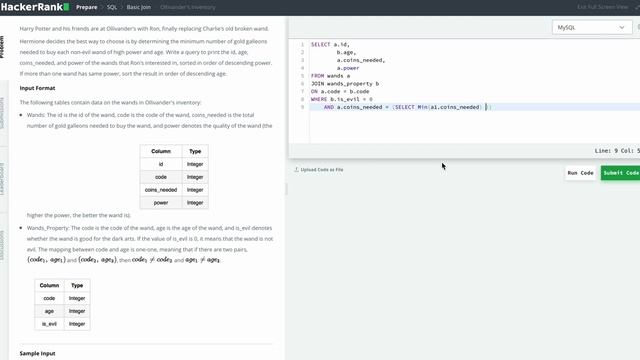 Hackerrank SQL Solution #7 Intermediate SQL - Ollivander's Inventory
