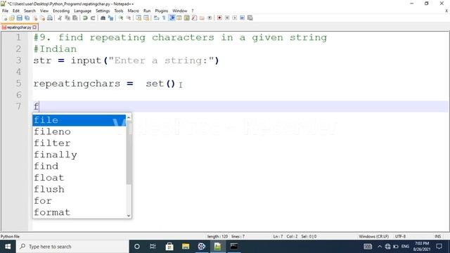 program to find repeating characters in string|Python Interview questions|pythonfor beginners|pytho