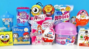 15 Киндер Сюрпризов, Unboxing Kinder Surprise NUM NOMS snackables, ГУБКА БОБ,Lost kitties,БАРБИ,Winx