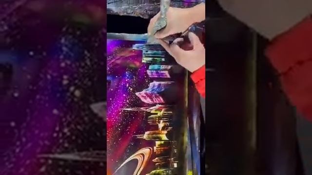 Талант-художник./как нарисовать картину-космос,"космический город" красками из болончика. Х