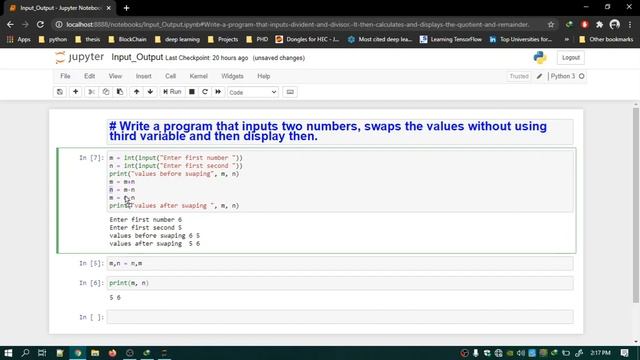 Python Practice Input Output Program 6:How swap values of two integer without using third variable?