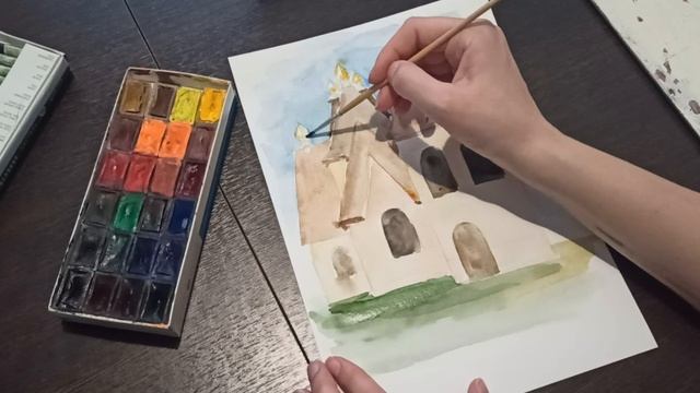 Зарисовка архитектуры акварелью и масляной пастелью/ Architecture in watercolor and oil pastels