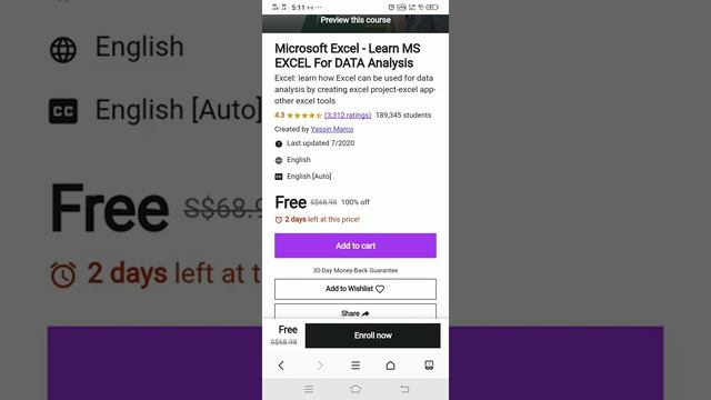 Udemy Free certificate course, Microsoft Excel course 100% FREE