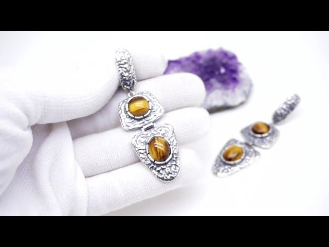 Серьги "Ренедэ" с тигровым глазом посеребрение 12мк натуральные камни чеканка большие длинные 3341