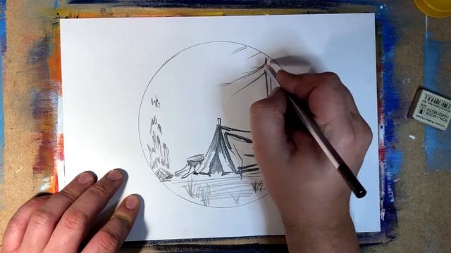 рисунок карандашом поход | рисунок природы | Палатка и отдых у костра | рисунок за 5 минут
