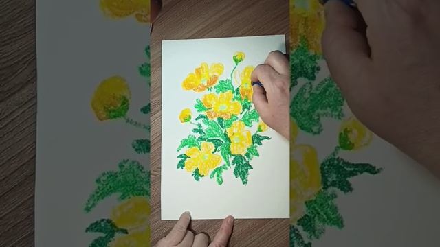 Лютики-цветочки - рисунок масляной пастелью. смотреть онлайн
