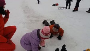 Дети катаются с горки на тарелках