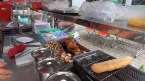 Cambodian street food, chopped meat, eating bread and noodle soup, Khmer food