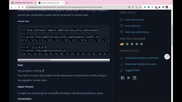 combinations_with_replacement() with Python |HackerRankChallenge| Problem Solving | Coding With Kie