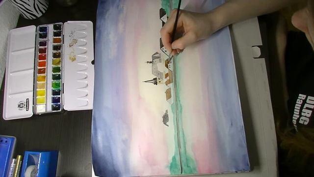 Watercolor painting time-lapse 'River scenery' смотреть онлайн