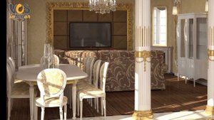 Интерьер гостиной кухни в стиле ампир в 4К