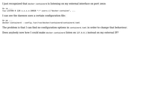 Unix & Linux: Prevent docker-containerd from listening on external interface port 10010 смотреть онлайн