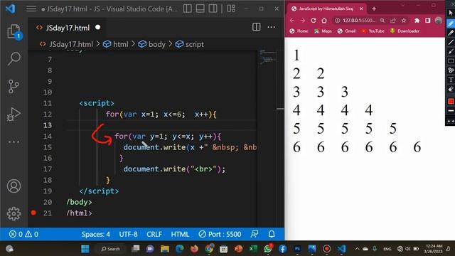 Lec #0017 printing numbers and star ⭐ pattern in JavaScript (#nestedforloop)