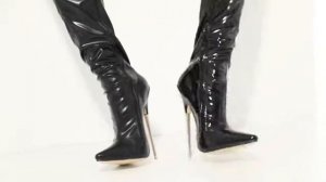 Jialuowei сапоги до промежности на шпильках, женские зимние из лакированной кожи, черные стрейчевые
