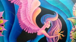 Картина акрилом с девушкой -ангелом "Окрыленная" Фэнтези акрилом. Сказочная живопись.