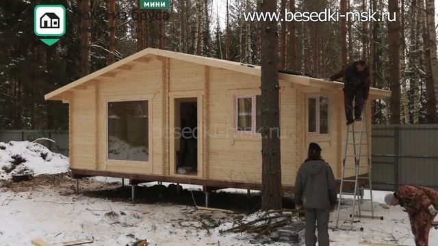 Сборка дома с большими окнами из мини-бруса [М05] смотреть онлайн