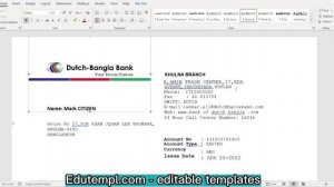Bangladesh Dutch-Bangla banking statement Word and PDF template