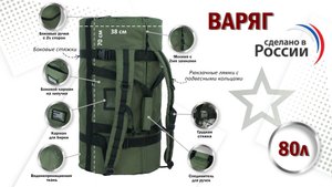 Баул армейский "Варяг", цвет - хаки с черными стропами, 80 литров. Промо-ролик