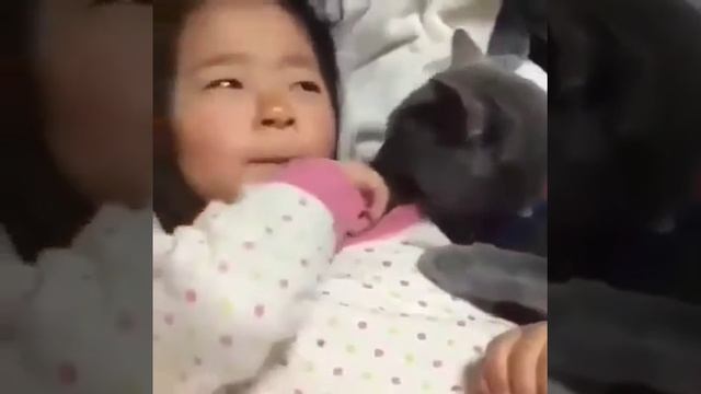 Кот пытаеться успокоить плачущую девочку.