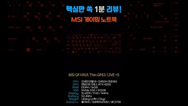 가성비에 휴대하기 좋은 노트북을 찾는다면? 바로 이거!  MSI GF시리즈 Thin GF63 12VE-i5 (SSD 512GB) [노리다]